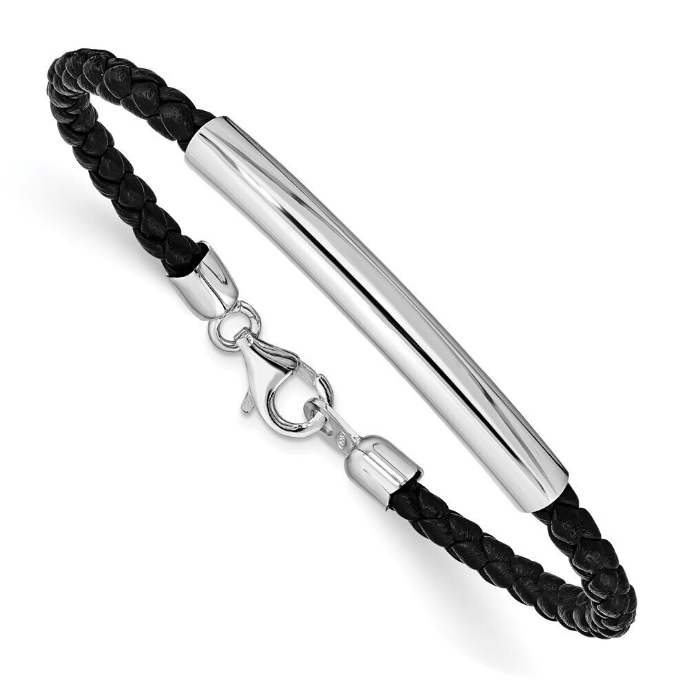 Kazi Luxury Sterling Silver Rhodium-plated Braided Black Leather Bracelet